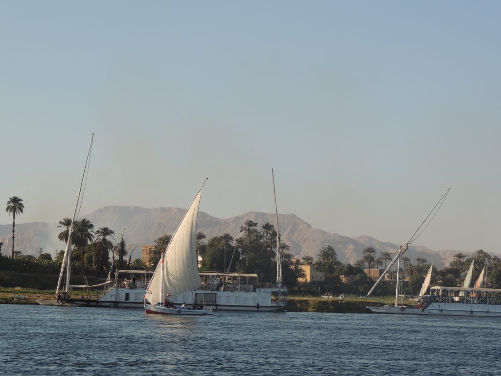 Traditional Egyptian feluccas sailing on the Nile River near Aswan with palm trees and desert mountains in the background