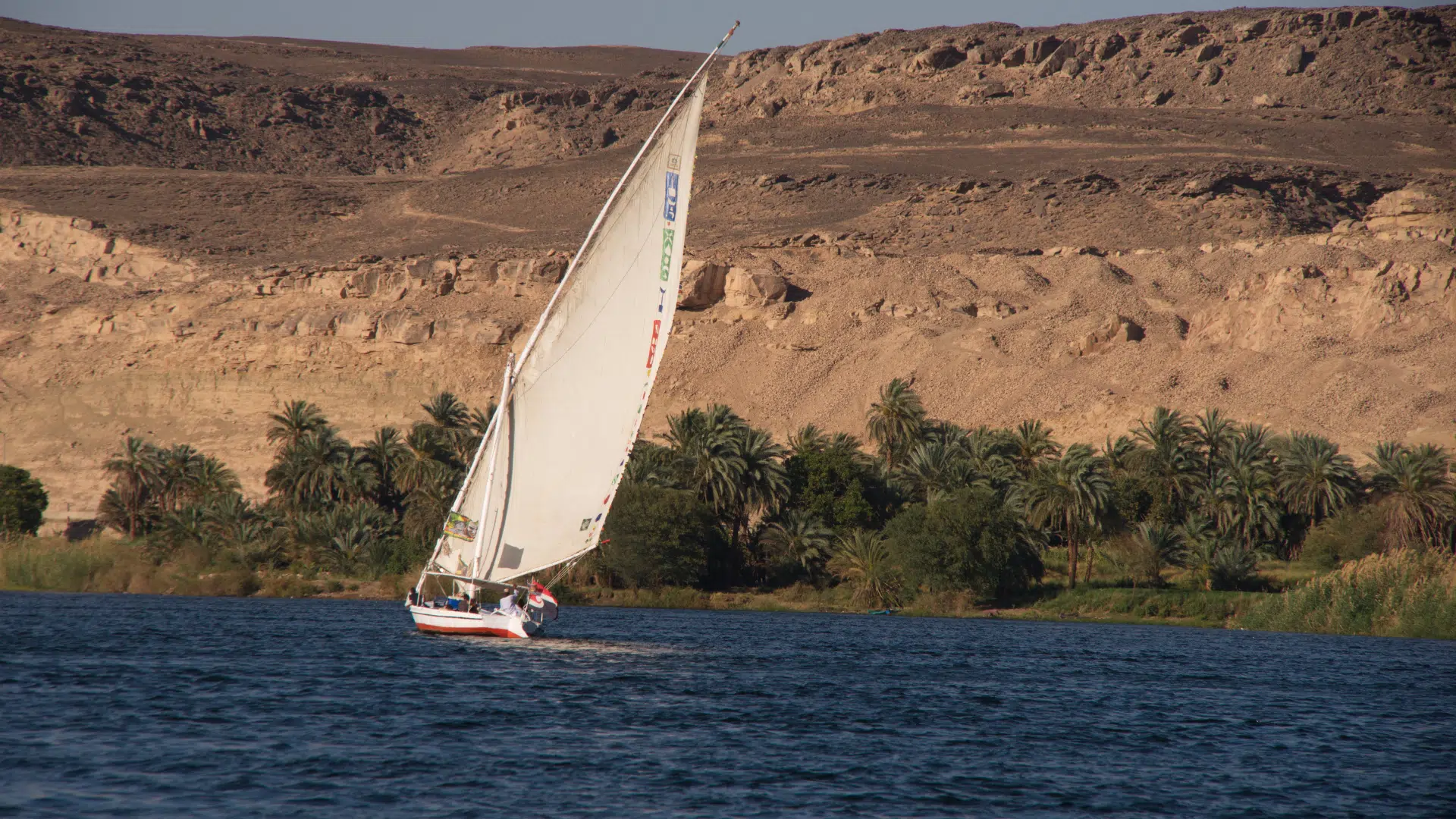 Traditional felucca sailing on the Nile River with palm trees and desert cliffs in Upper Egypt