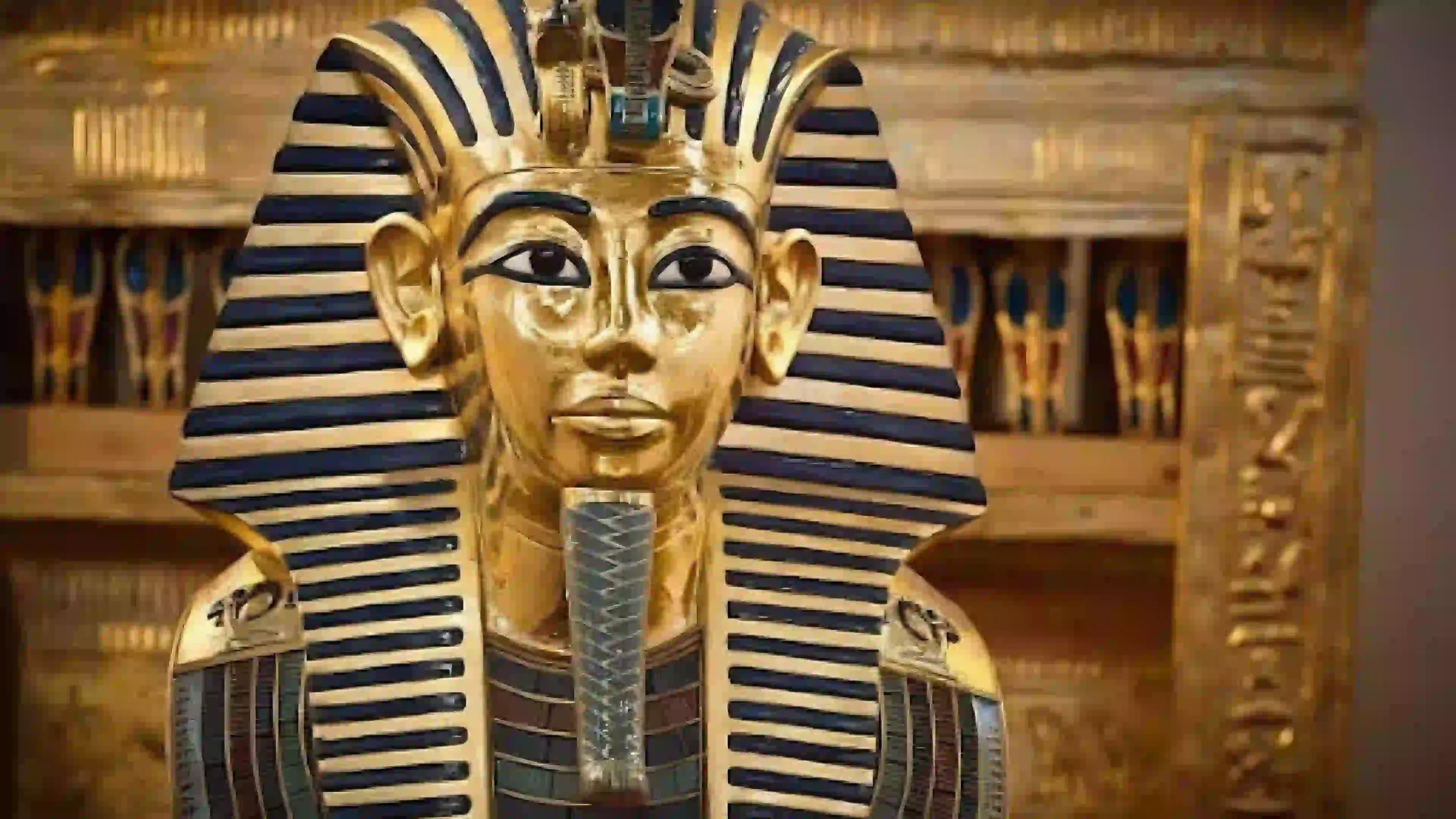 Golden funerary mask of Pharaoh Tutankhamun displayed at the Egyptian Museum in Cairo, showing the iconic striped nemes headdress and ceremonial beard of the young king of Ancient Egypt.