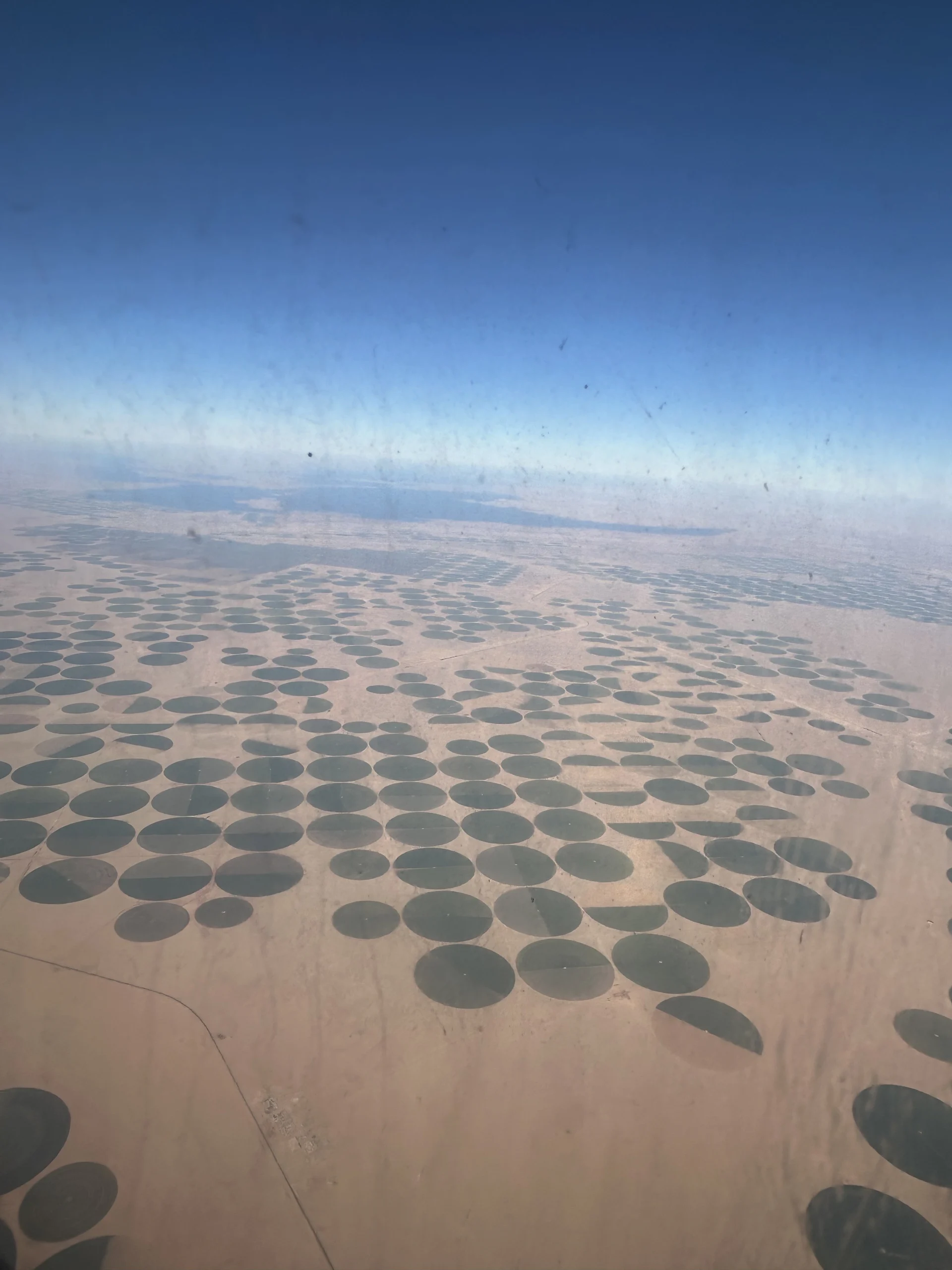 Aerial view of hundreds of green circular irrigation fields in the Sahara desert south of Lake Nasser, Egypt